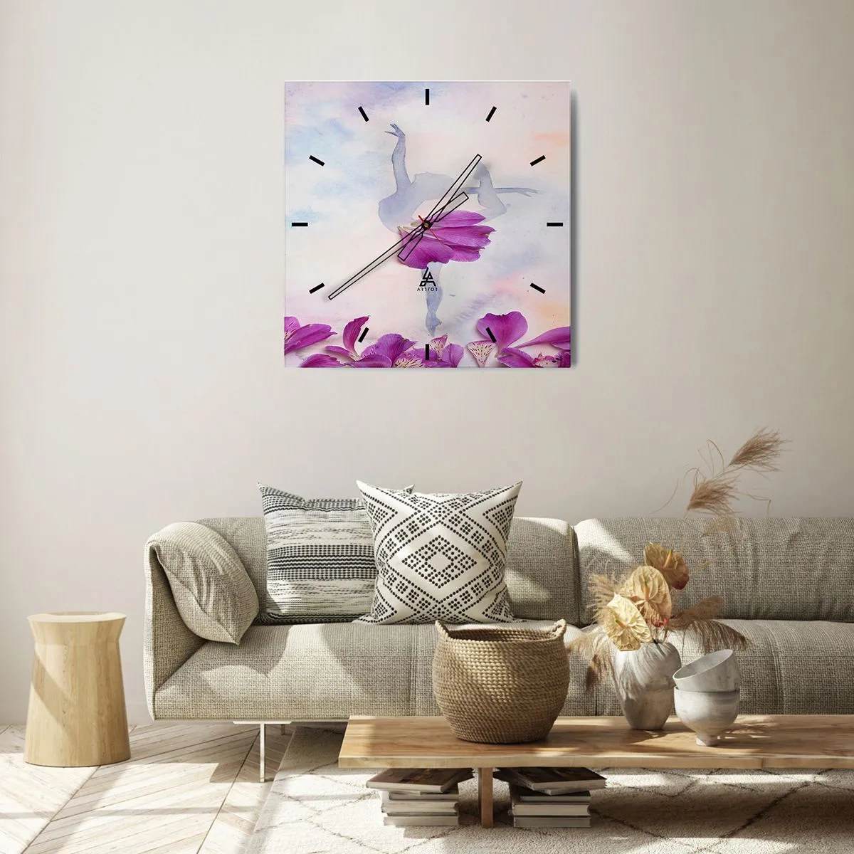 Horloge murale - Pendule murale - Une danseuse en robe à pétales de fleurs sur fond pastel - 30x30cm - Délicat comme une fleur - Décoration murale moderne pour le salon et la chambre ARTTOR