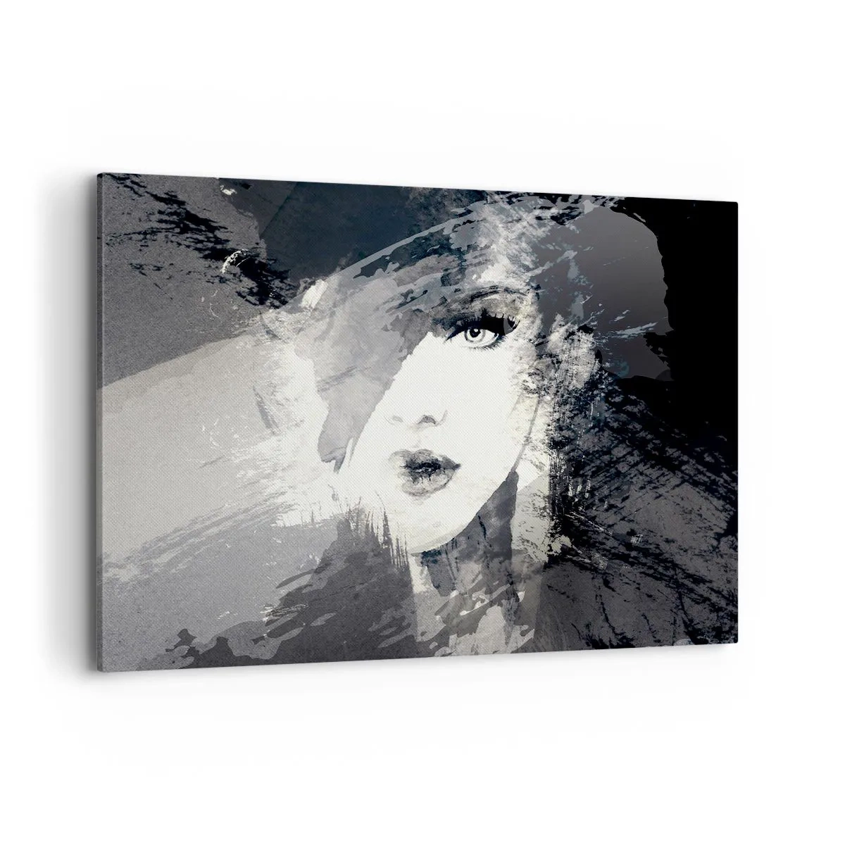 Impression sur toile - Image sur toile - Un portrait abstrait d'une femme dans des tons de gris avec des accents délicats. - 120x80cm - Derrière un voile gris - Décoration murale moderne pour le salon et la chambre ARTTOR