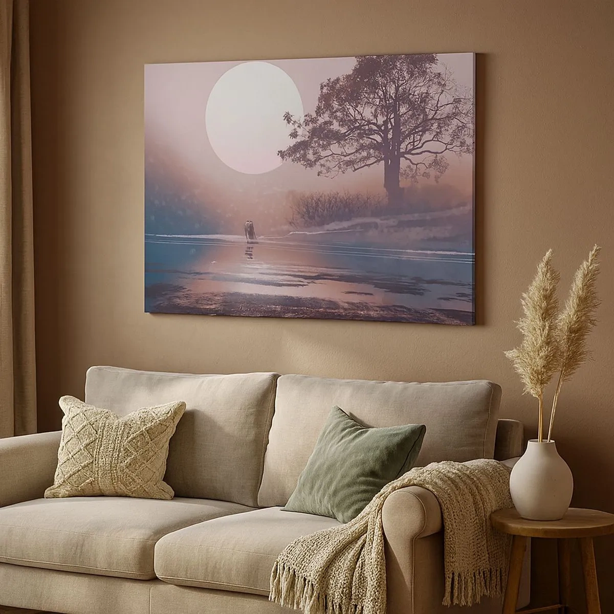 Impression sur toile - Image sur toile - Scène romantique avec la lune et un arbre au bord de l'eau - 70x50cm - Merveilles de la nuit - Décoration murale moderne pour le salon et la chambre ARTTOR