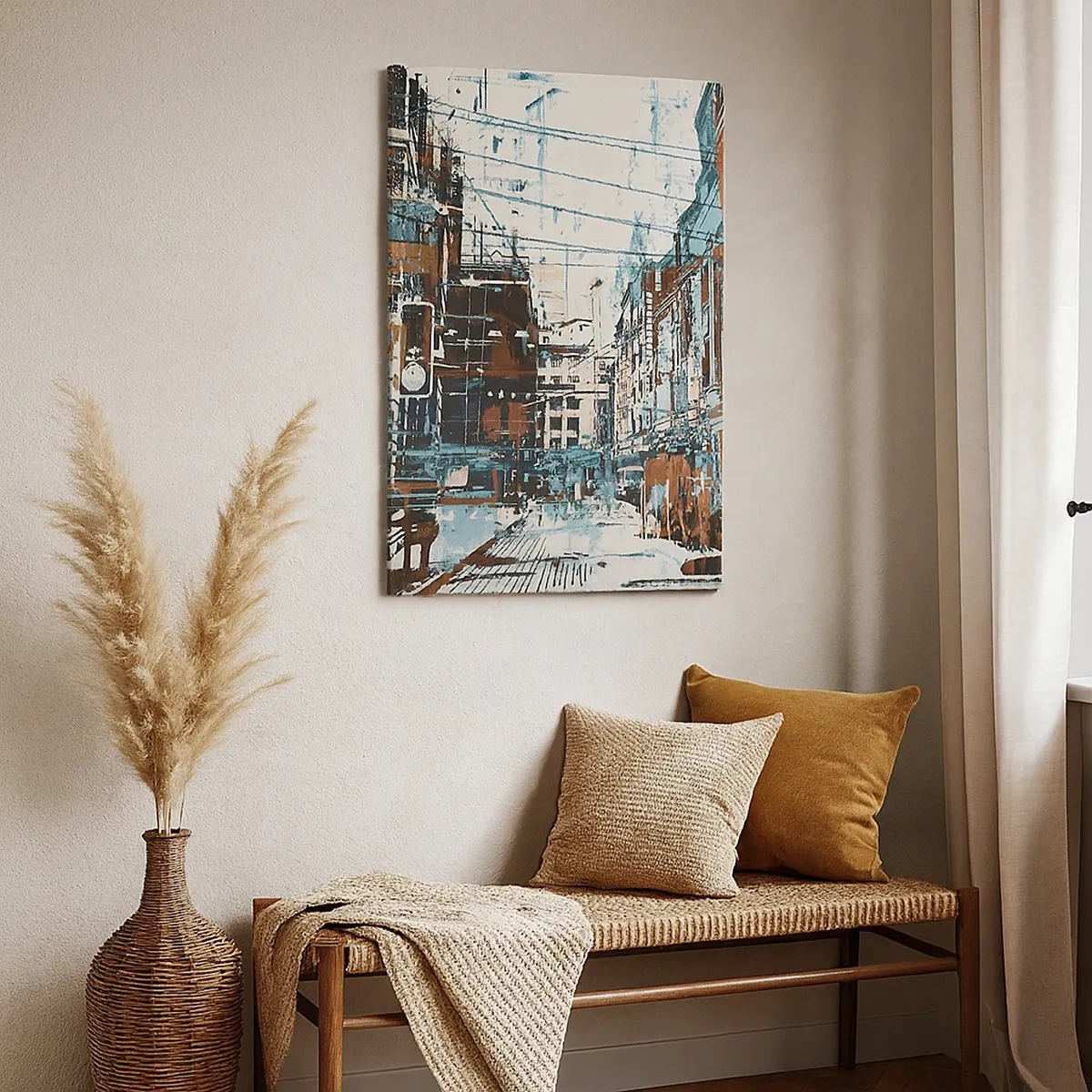 Impression sur toile - Image sur toile - Un paysage urbain aux tons bleus et orange - 50x70cm - Un sentier de ville usé - Décoration murale moderne pour le salon et la chambre ARTTOR