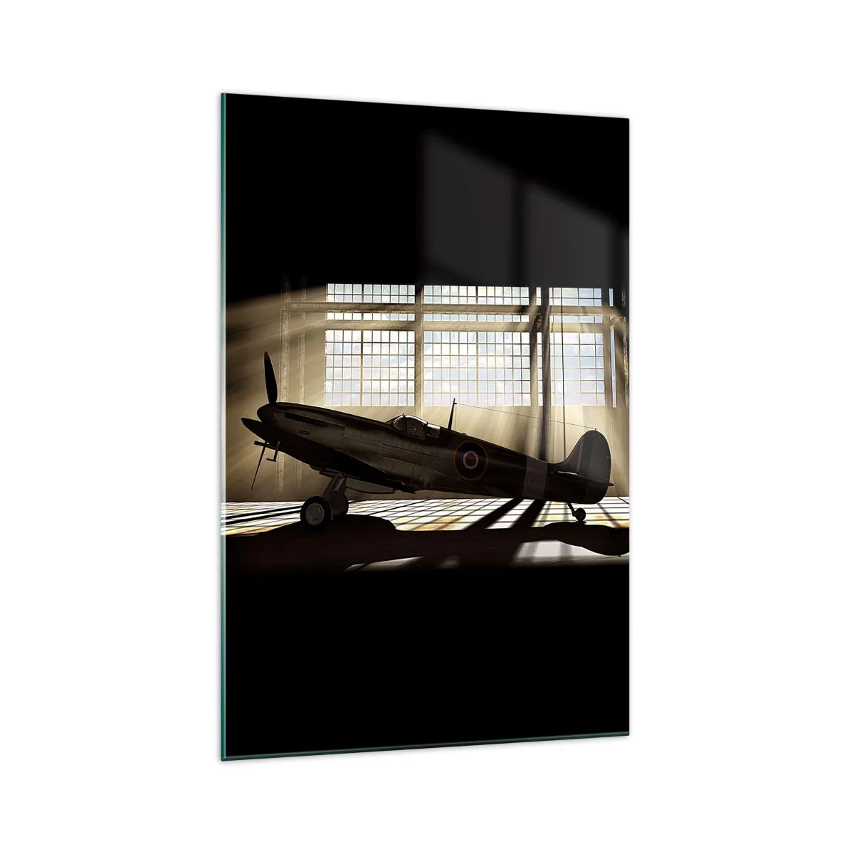 Impression sur verre - Image sur verre - Un avion historique dans un hangar éclairé par la lumière du soleil - 70x100cm - Le repos du guerrier - Décoration murale moderne pour le salon et la chambre ARTTOR