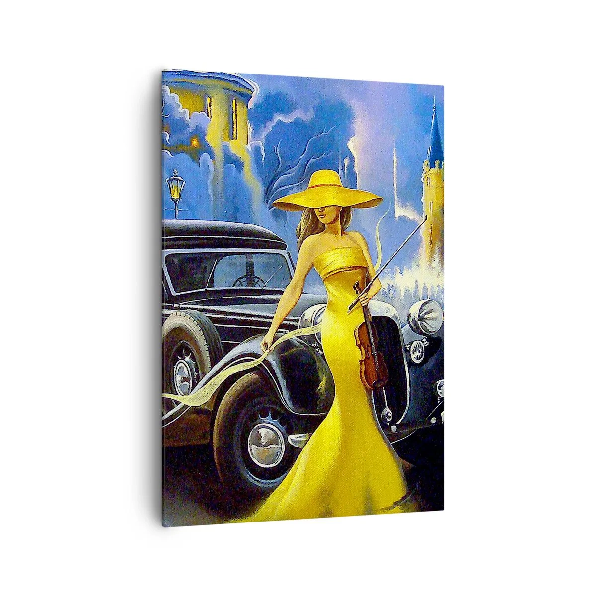 Impression sur toile - Image sur toile - Une femme en robe jaune avec un violon à côté d'une voiture rétro. - 70x100cm - Nocturne pour violon et amour - Décoration murale moderne pour le salon et la chambre ARTTOR