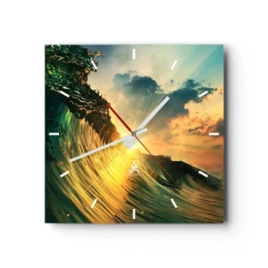 Horloge murale - Pendule murale - Une vague avec le soleil couchant et les nuages illuminés - 30x30cm - Surfeur, où es-tu ? - Décoration murale moderne pour le salon et la chambre ARTTOR