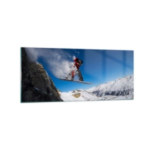 Impression sur verre - Image sur verre - Un snowboarder saute d'un rocher dans un paysage montagneux - 120x50cm - Et tu es devenu une partie de l'espace - Décoration murale moderne pour le salon et la chambre ARTTOR