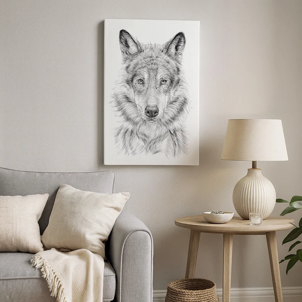 Impression sur toile - Image sur toile - Croquis d'une tête de loup dans un style monochrome sur fond blanc - 50x70cm - Un leader né - Décoration murale moderne pour le salon et la chambre ARTTOR