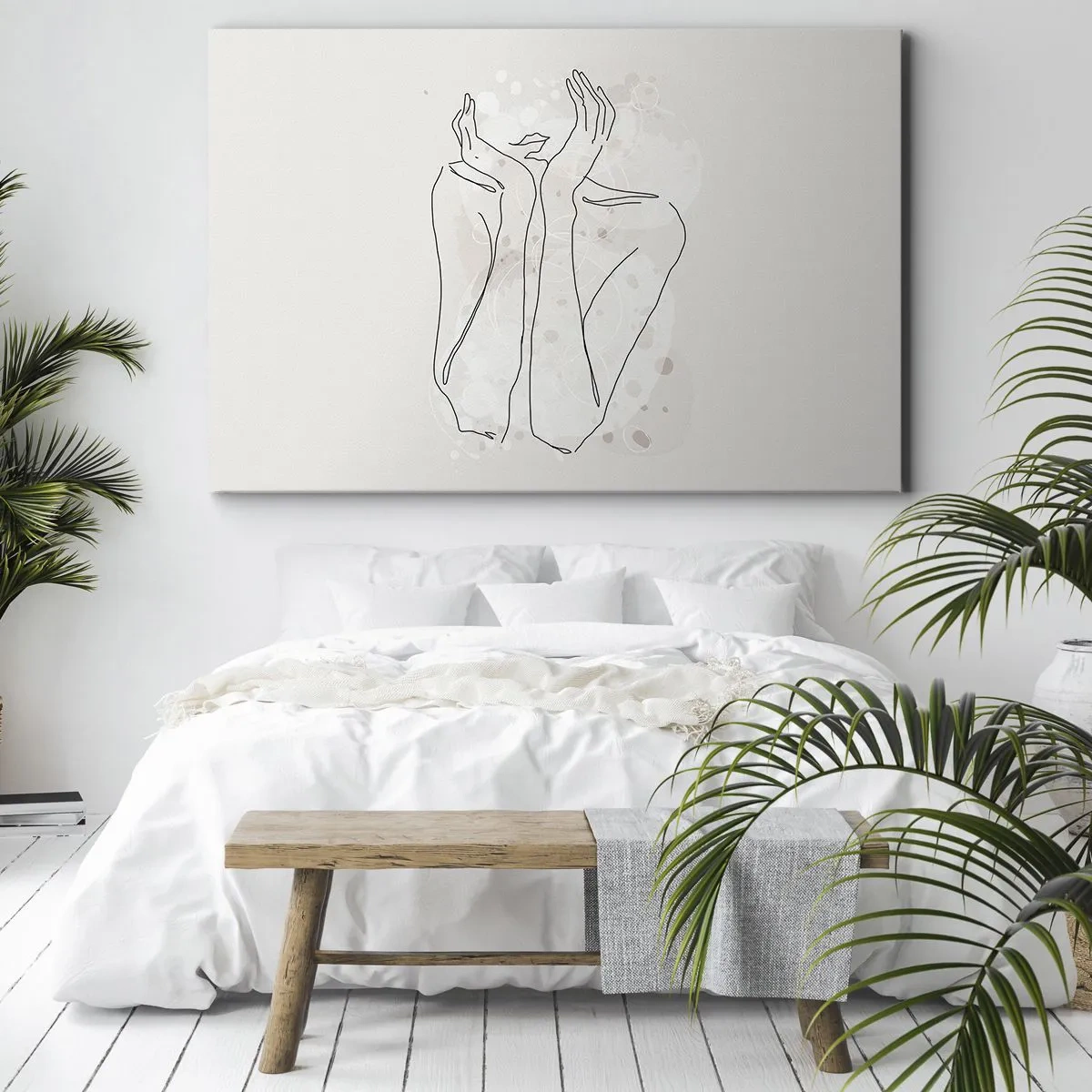 Impression sur toile - Image sur toile - Ligne de contour montrant les mains d'une femme sur un fond clair - 100x70cm - Instant de rêve - Décoration murale moderne pour le salon et la chambre ARTTOR
