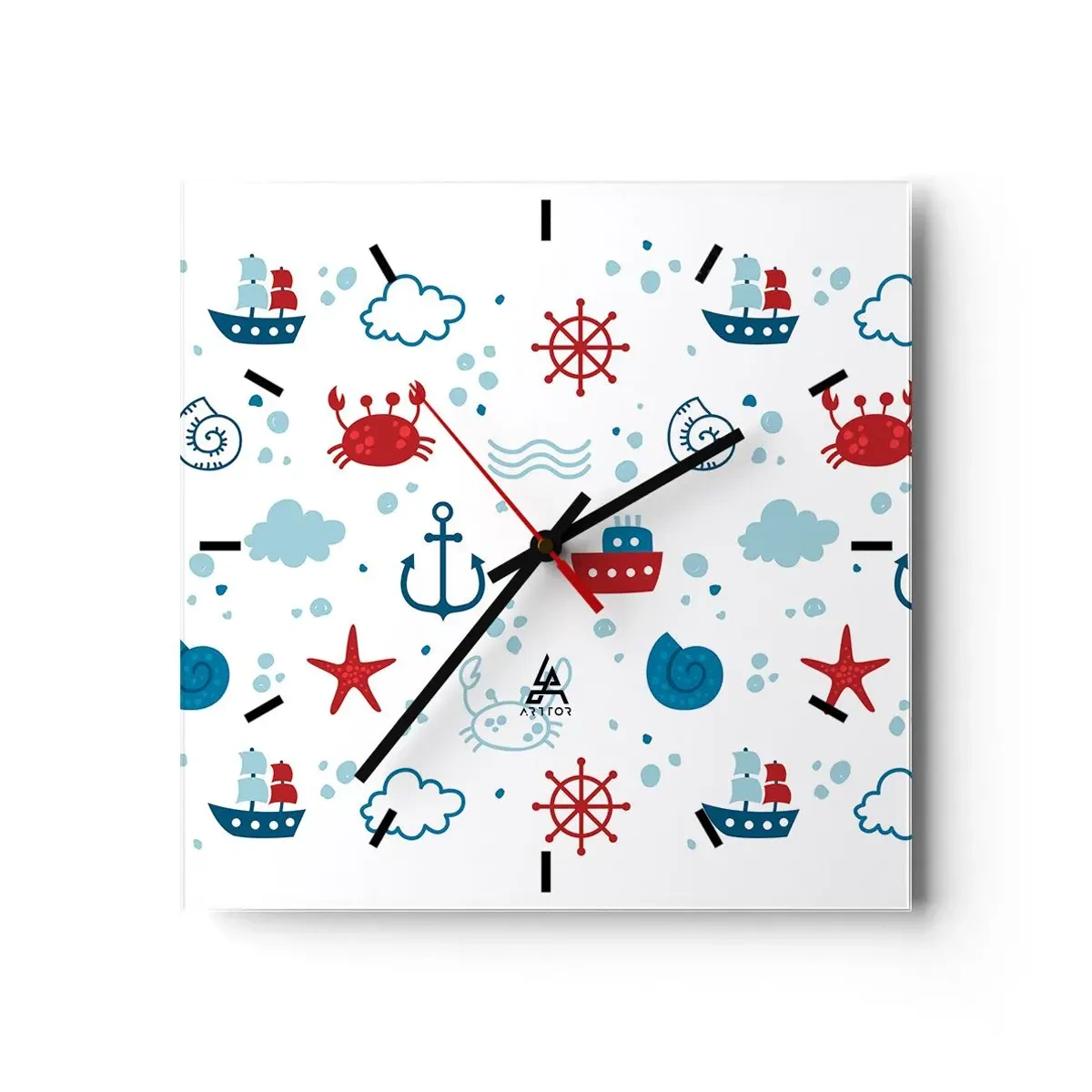 Horloge murale - Pendule murale - Motif nautique avec ancres, navires et crabes - 30x30cm - Conte de fées de la mer - Décoration murale moderne pour le salon et la chambre ARTTOR