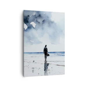 Impression sur toile - Image sur toile - Une silhouette sur une plage dans un environnement marin calme - 70x100cm - Conversation avec la mer - Décoration murale moderne pour le salon et la chambre ARTTOR