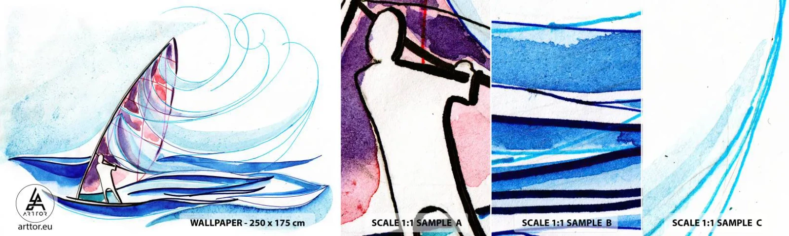 Échantillon De Papier Peint Standard Eco - Avec le vent au rythme des vagues - Planche à voile, sport, Mer - 100x30 cm