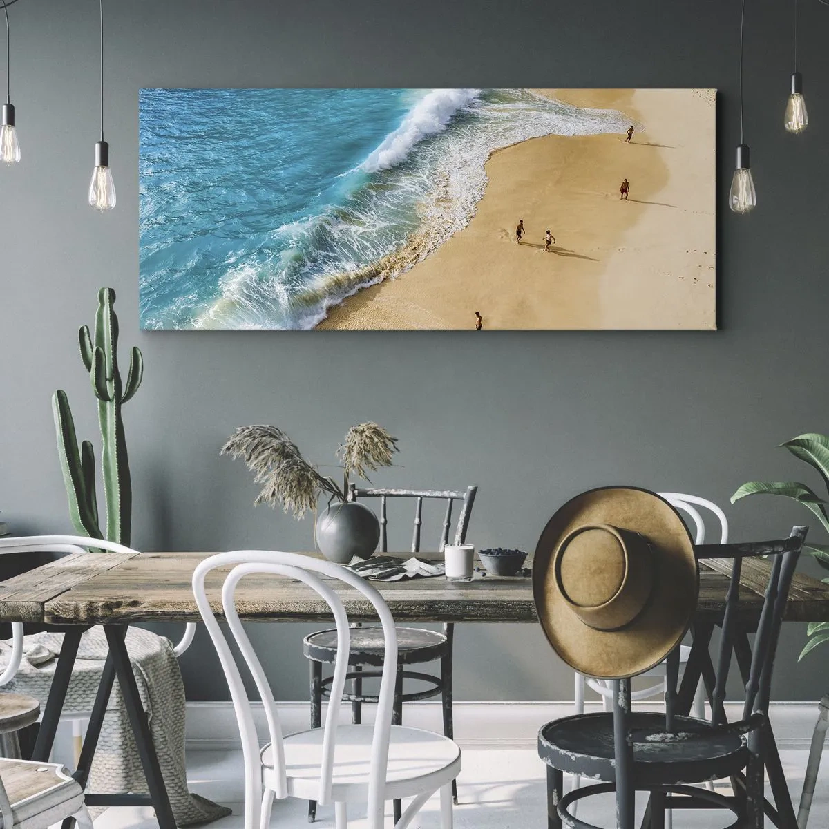 Impression sur toile - Image sur toile - Une plage avec de l'eau turquoise et des gens qui se promènent - 160x50cm - Et ensuite le soleil, la plage… - Décoration murale moderne pour le salon et la chambre ARTTOR