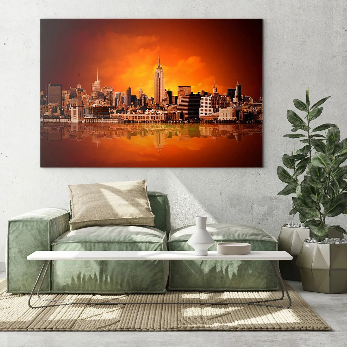Impression sur verre - Image sur verre - Panorama de la ville au coucher du soleil - 120x80cm - Panorama de grande ville en jaune et bronze - Décoration murale moderne pour le salon et la chambre ARTTOR