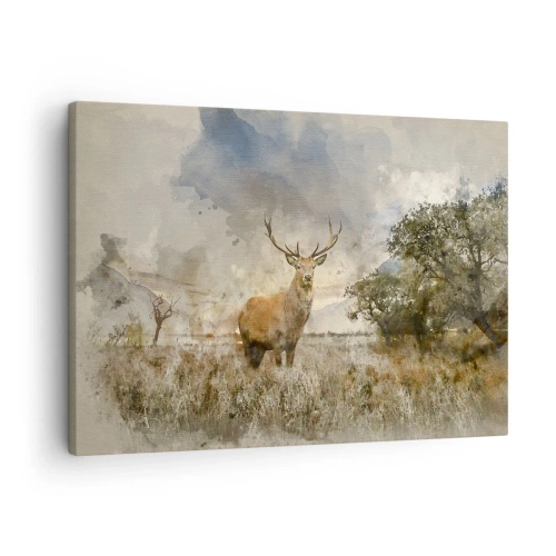 Impression sur toile - Image sur toile - Un cerf dans un cadre naturel dans un style aquarelle - 70x50cm - Dignité - force - majesté - Décoration murale moderne pour le salon et la chambre ARTTOR