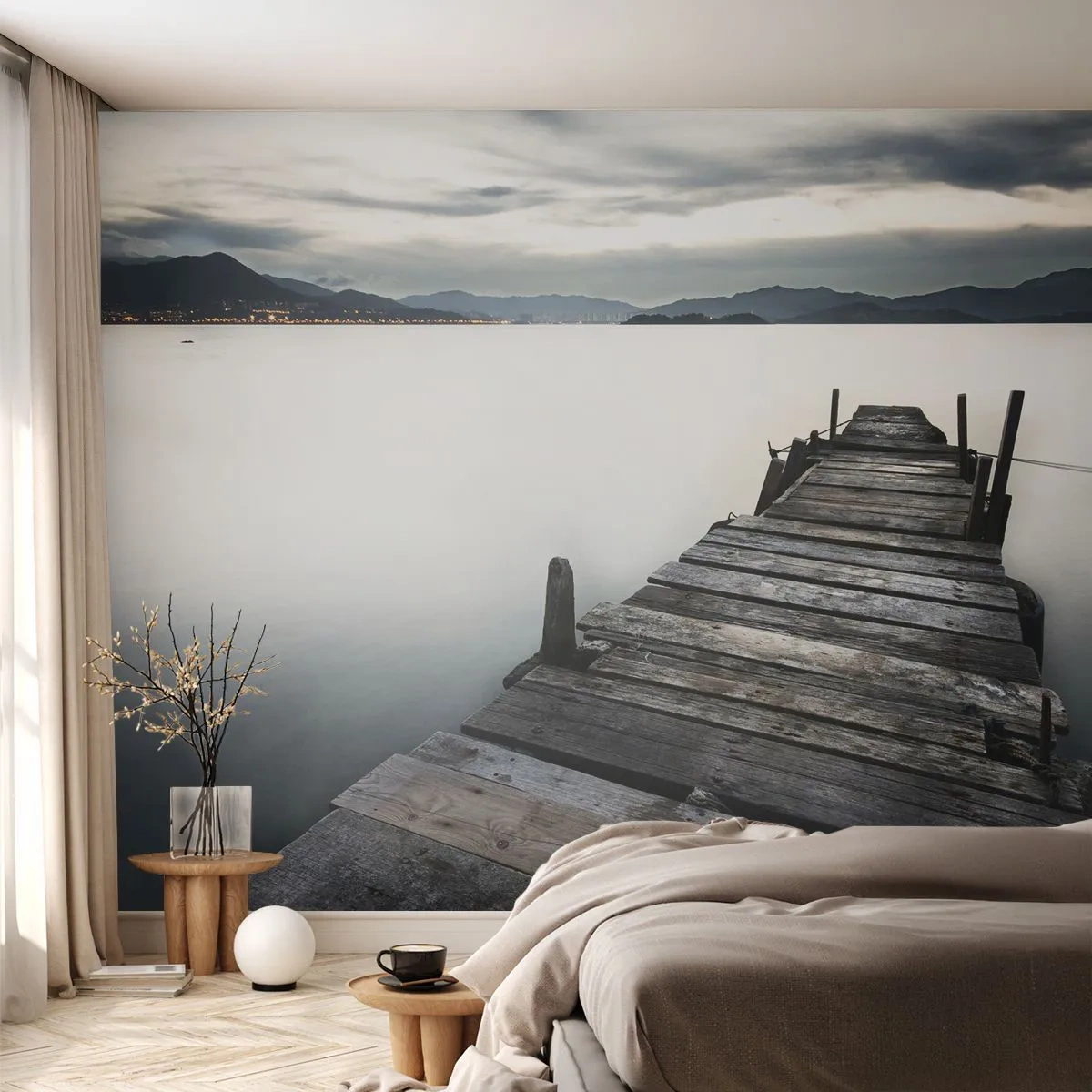 Papier Peint Autocollant Deluxe Sticker - Immergez-vous dans la paix - Paysage, Lac, Pont de bois - 200x140 cm
