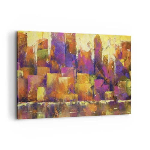 Impression sur toile - Image sur toile - Composition abstraite d'une métropole dans les tons jaune et violet - 100x70cm - Composition métropolitaine - Décoration murale moderne pour le salon et la chambre ARTTOR