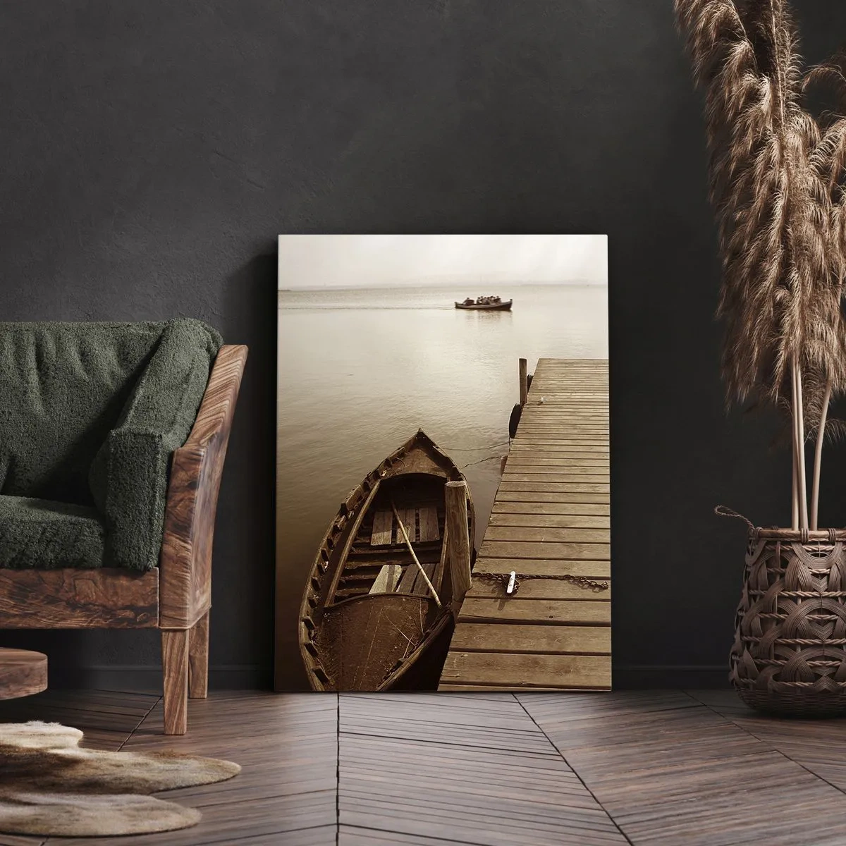 Impression sur toile - Image sur toile - Jetée en bois et bateau sur un lac calme - 80x120cm - Le grand silence - Décoration murale moderne pour le salon et la chambre ARTTOR