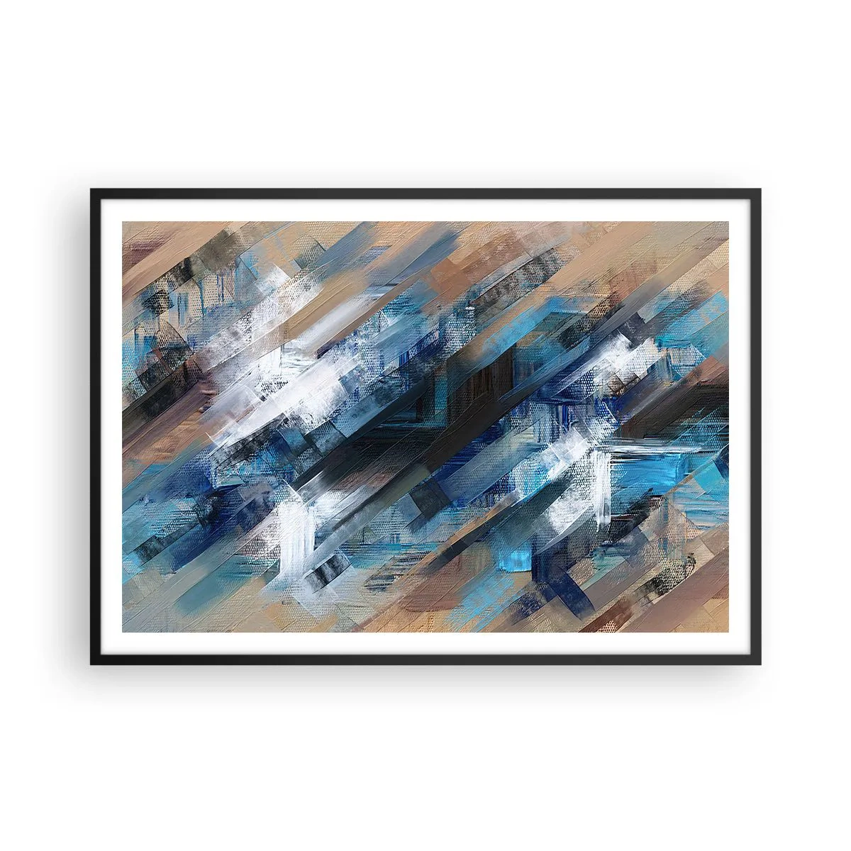 Affiche dans un cadre noir - Poster - Composition abstraite avec des lignes diagonales bleues - 100x70cm - Diagonale de bleus - Décoration murale moderne pour le salon et la chambre ARTTOR