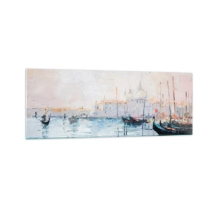 Impression sur verre - Image sur verre - Vue pittoresque des canaux avec des bateaux aux couleurs pastel - 140x50cm - Derrière l'eau, derrière le brouillard - Décoration murale moderne pour le salon et la chambre ARTTOR