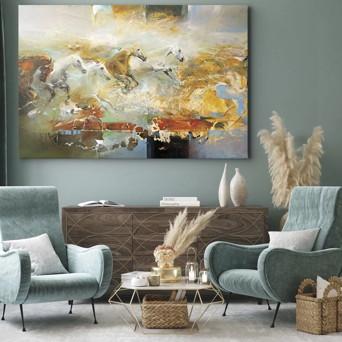 Impression sur toile - Image sur toile - Des chevaux artistiques dans un cadre dynamique et coloré - 100x70cm - Au galop vers la lumière - Décoration murale moderne pour le salon et la chambre ARTTOR