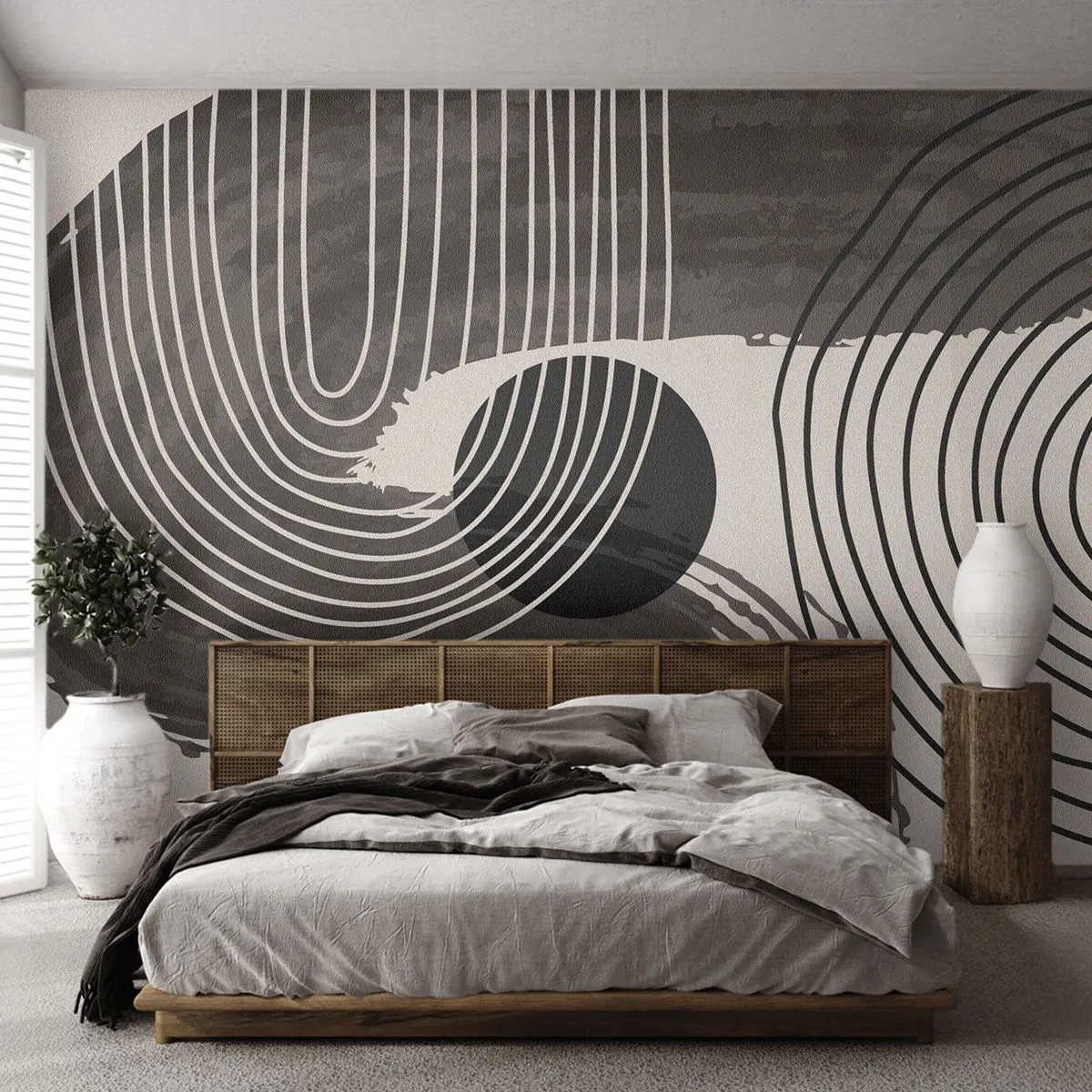Papier Peint Photo Premium Sand - Composition géométrique avec un cercle noir et des lignes sépia - 100x70cm - L'ovale gagne - Décoration murale moderne pour le salon et la chambre ARTTOR