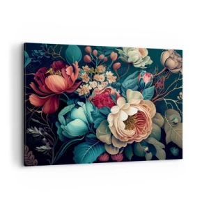 Impression sur toile - Image sur toile - Une composition colorée de fleurs sur un fond sombre - 100x70cm - le charme du 19ème siècle - Décoration murale moderne pour le salon et la chambre ARTTOR