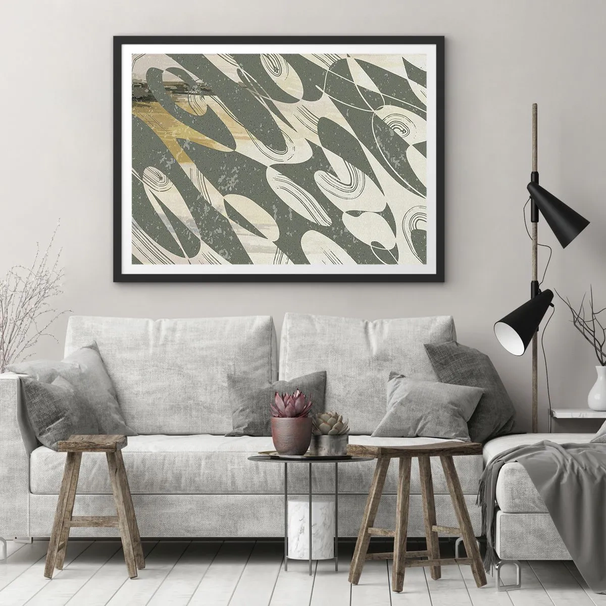 Affiche dans un cadre noir - Poster - Formes dynamiques dans des tons de vert et d'or - 70x50cm - Abstraction rythmique - Décoration murale moderne pour le salon et la chambre ARTTOR