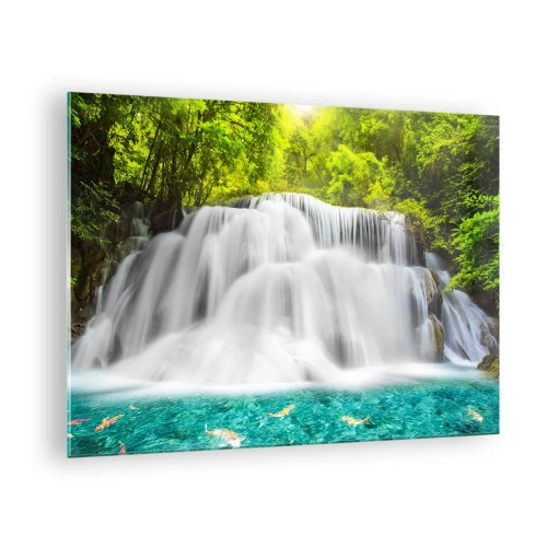 Impression sur verre - Image sur verre - Une cascade entourée de verdure avec une eau cristalline - 70x50cm - Une cascade mousseuse du vert à l'azur - Décoration murale moderne pour le salon et la chambre ARTTOR