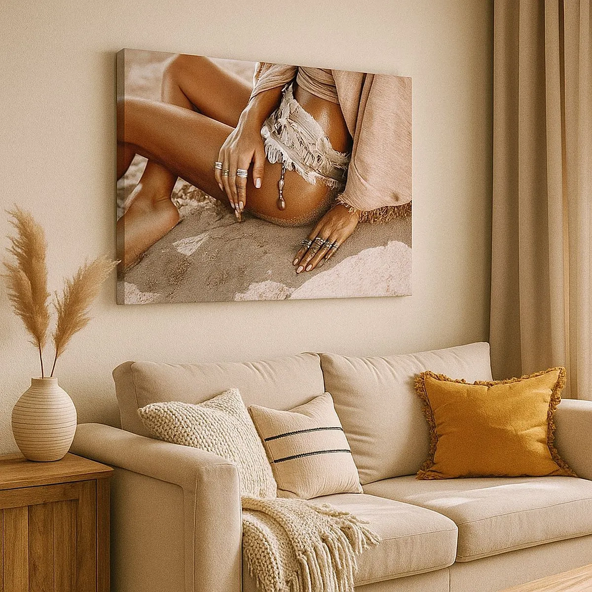 Impression sur toile - Image sur toile - Femme bohème sur la plage avec des bijoux - 70x50cm - Rejeté par la vague? - Décoration murale moderne pour le salon et la chambre ARTTOR