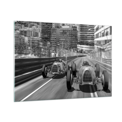 Impression sur verre - Image sur verre - Course automobile historique en noir et blanc - 100x70cm - Il y a longtemps à Monté Carlo - Décoration murale moderne pour le salon et la chambre ARTTOR
