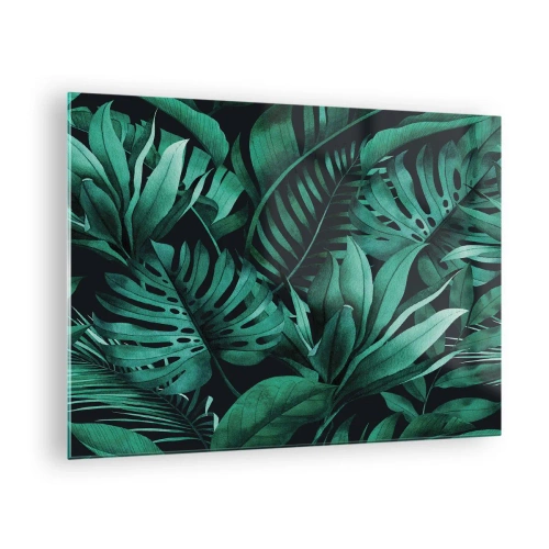 Impression sur verre - Image sur verre - Feuilles vertes luxuriantes dans une composition tropicale - 70x50cm - Profondeur du vert tropical - Décoration murale moderne pour le salon et la chambre ARTTOR