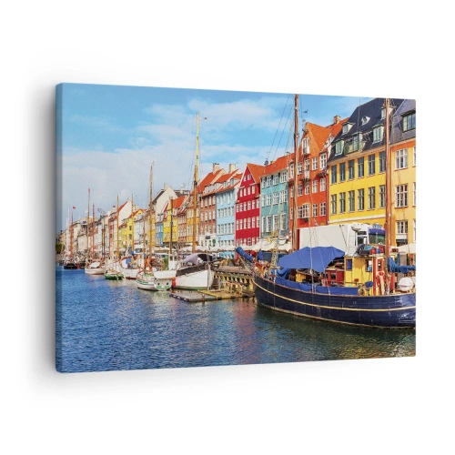 Impression sur toile - Image sur toile - Maisons colorées sur le canal avec des bateaux au soleil - 70x50cm - Quai joyeux - Décoration murale moderne pour le salon et la chambre ARTTOR