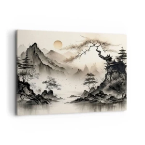 Impression sur toile - Image sur toile - Un paysage oriental avec des montagnes et une pagode aux nuances délicates. - 100x70cm - Le charme unique de l'Orient - Décoration murale moderne pour le salon et la chambre ARTTOR