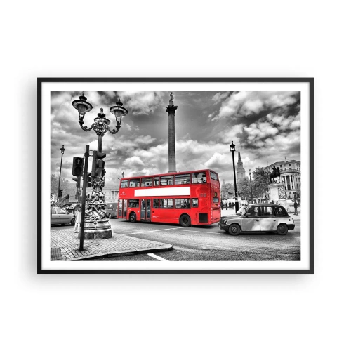 Affiche dans un cadre noir - Poster - Un bus rouge à impériale sur fond de ville en noir et blanc - 100x70cm - La vraie circulation sanguine de la ville - Décoration murale moderne pour le salon et la chambre ARTTOR