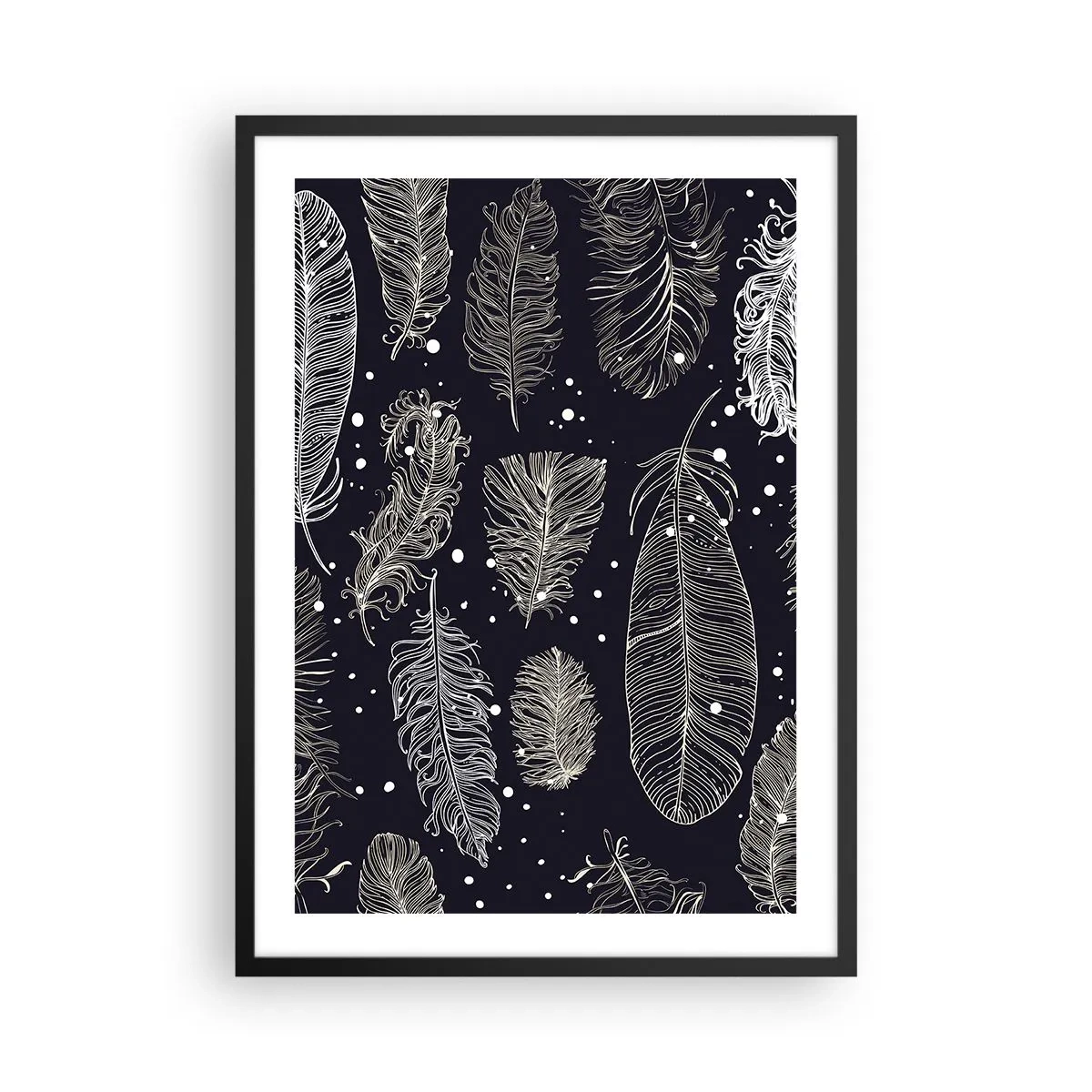 Affiche dans un cadre noir - Poster - Plumes blanches sur fond noir dans un arrangement élégant - 50x70cm - Toile de plumes - Décoration murale moderne pour le salon et la chambre ARTTOR