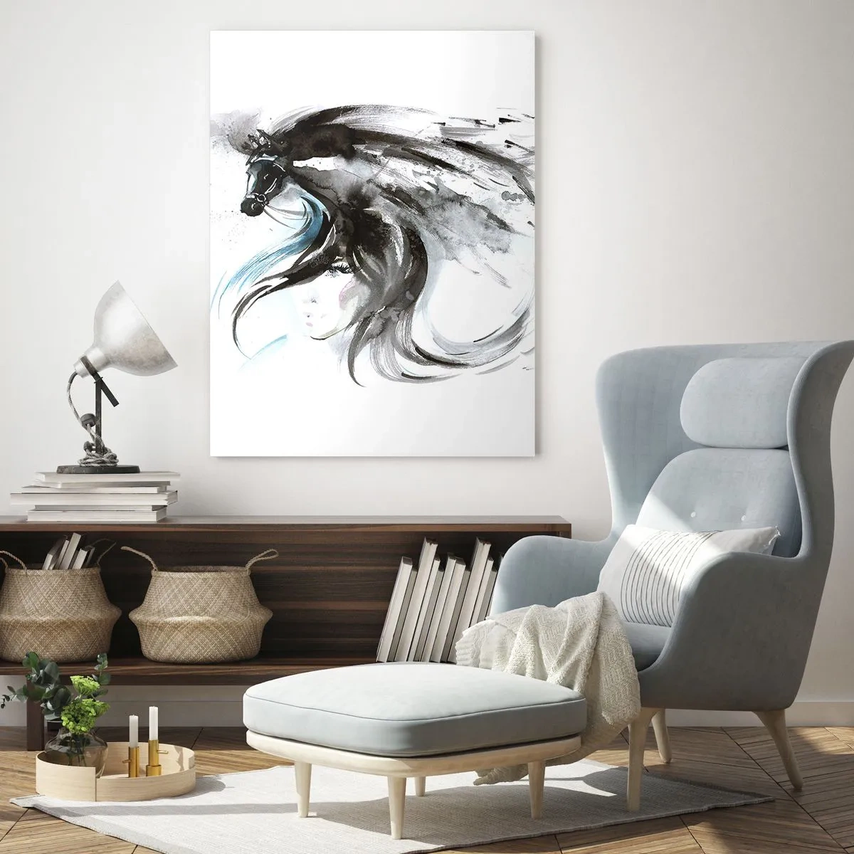 Impression sur verre - Image sur verre - Une femme et un cheval dans une aquarelle mystique pleine de dynamique - 80x120cm - Galop du prince noir - Décoration murale moderne pour le salon et la chambre ARTTOR