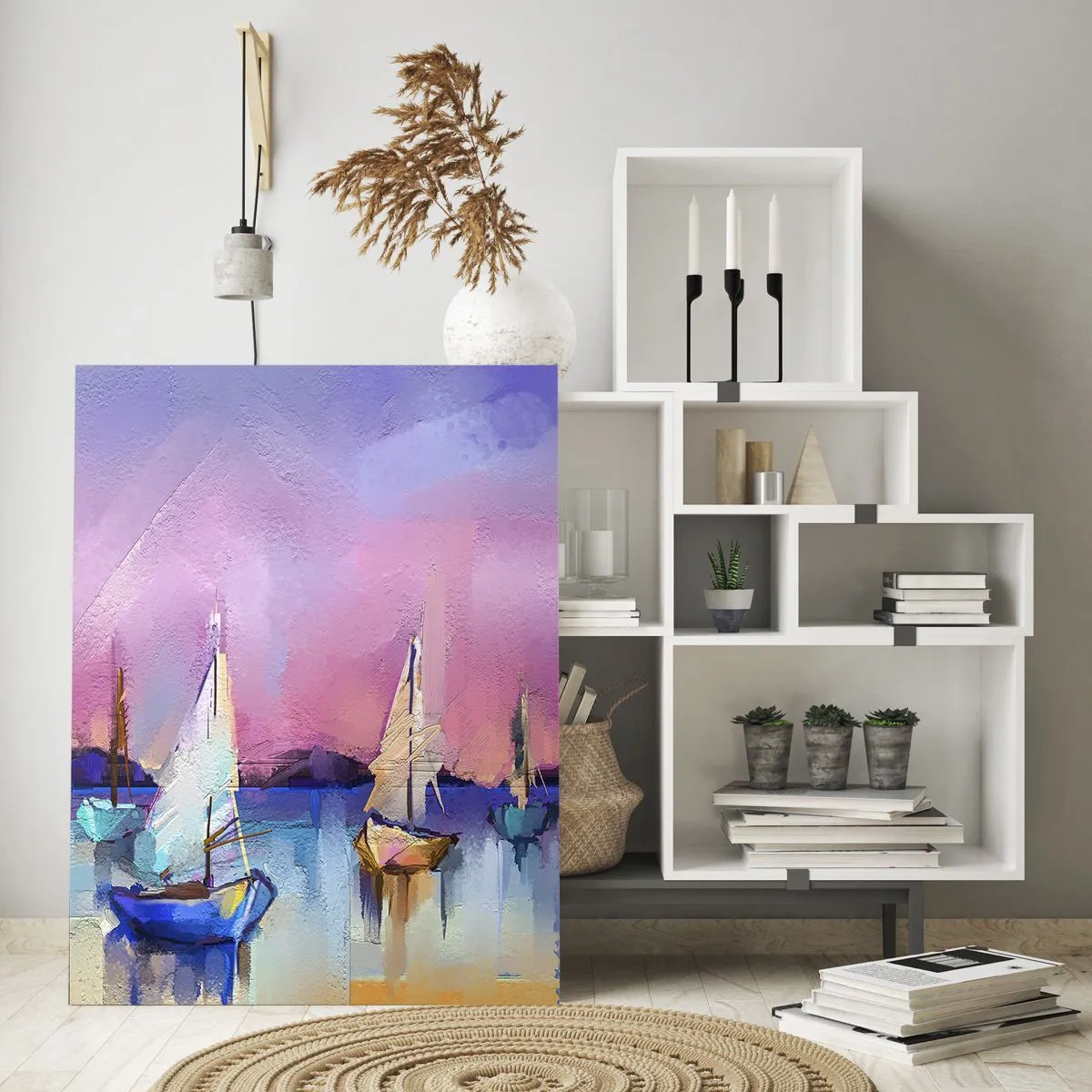 Impression sur verre - Image sur verre - Marina abstraite avec voiliers au coucher du soleil - 50x70cm - Direction: les eaux larges - Décoration murale moderne pour le salon et la chambre ARTTOR