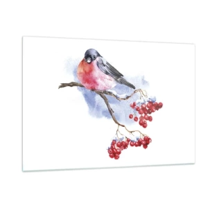 Impression sur verre - Image sur verre - Un oiseau sur une branche de sorbier - 120x80cm - L'hiver en couleurs - Décoration murale moderne pour le salon et la chambre ARTTOR