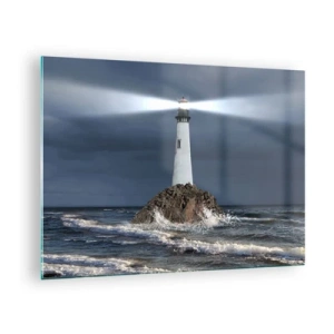 Impression sur verre - Image sur verre - Un phare sur un rocher au milieu des vagues agitées la nuit - 70x50cm - I… i… ici ! - Décoration murale moderne pour le salon et la chambre ARTTOR