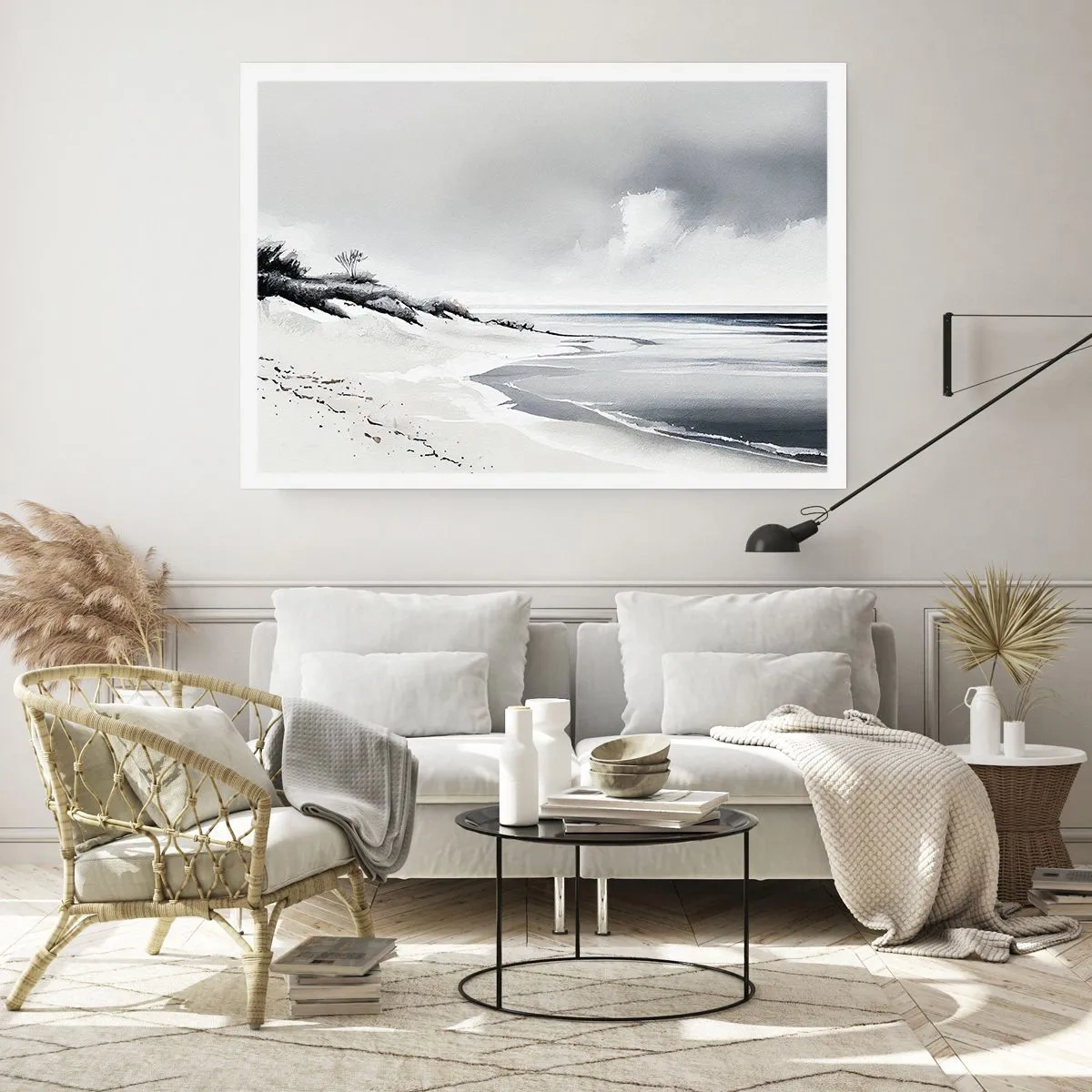 Affiche - Poster - Une plage aux tons sobres de gris et de bleu - 100x70cm - Ensemble depuis toujours - Décoration murale moderne pour le salon et la chambre ARTTOR