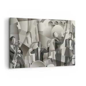Impression sur toile - Image sur toile - Scène abstraite avec des musiciens de jazz dans des tons de gris. - 100x70cm - Dans l'espace des sons - Décoration murale moderne pour le salon et la chambre ARTTOR