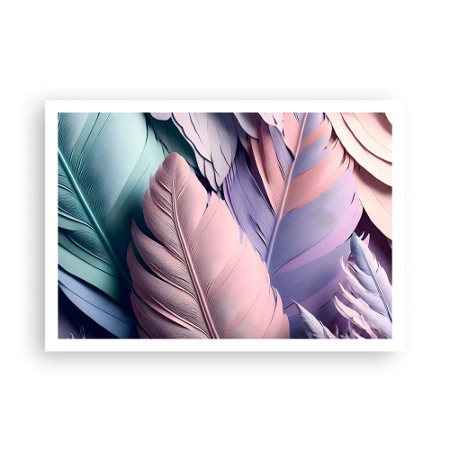 Affiche - Poster - Plumes colorées dans des tons pastel sur un fond clair - 100x70cm - Oiseau chic - Décoration murale moderne pour le salon et la chambre ARTTOR