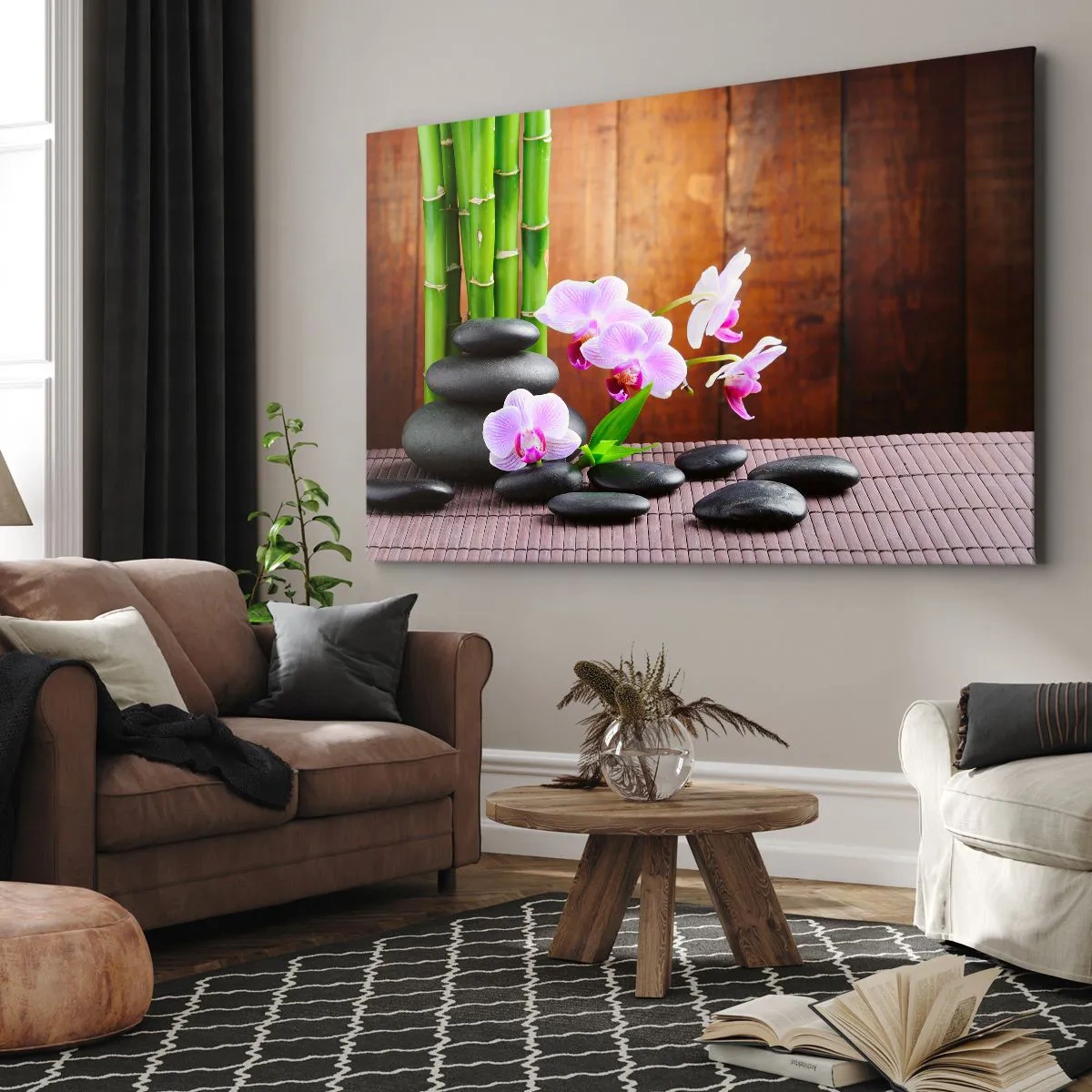 Impression sur toile - Image sur toile - Bambou de style zen, pierres et orchidées roses sur fond de bois - 120x80cm - Rencontrez les plaisirs de l'est - Décoration murale moderne pour le salon et la chambre ARTTOR