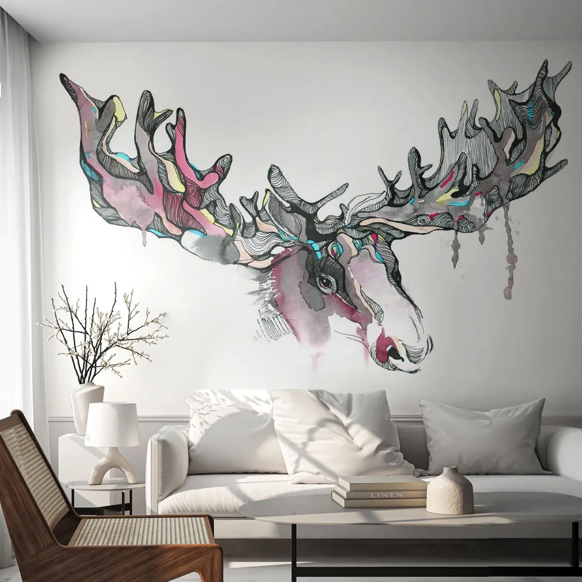 Papier Peint Photo Premium Sand - Cerf artistique aux bois étendus - 100x70cm - Couronne du roi de la forêt - Décoration murale moderne pour le salon et la chambre ARTTOR