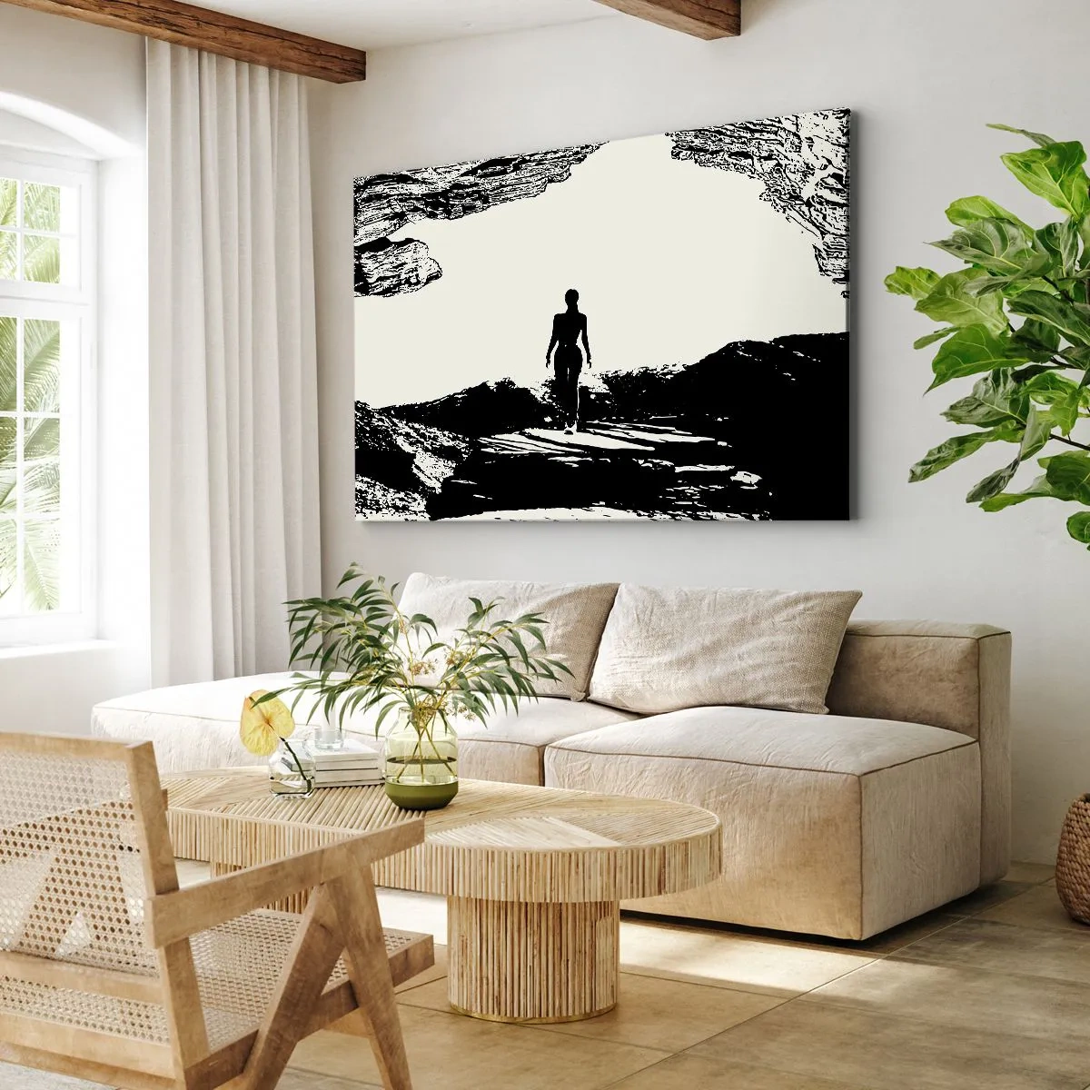 Impression sur toile - Image sur toile - Silhouette noire et blanche d'une femme dans une grotte contre le ciel - 70x50cm - Nouveau look - Décoration murale moderne pour le salon et la chambre ARTTOR