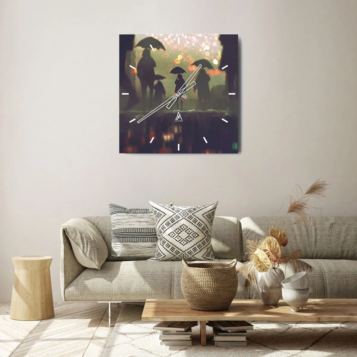 Horloge murale - Pendule murale - Une silhouette avec un parapluie un soir pluvieux parmi les lumières de la ville - 30x30cm - Du point de vue d'une goutte de pluie - Décoration murale moderne pour le salon et la chambre ARTTOR