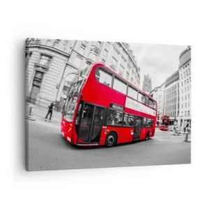 Impression sur toile - Image sur toile - Un bus londonien rouge sur fond de rue noire et blanche - 70x50cm - Londres traditionnellement - en bus - Décoration murale moderne pour le salon et la chambre ARTTOR