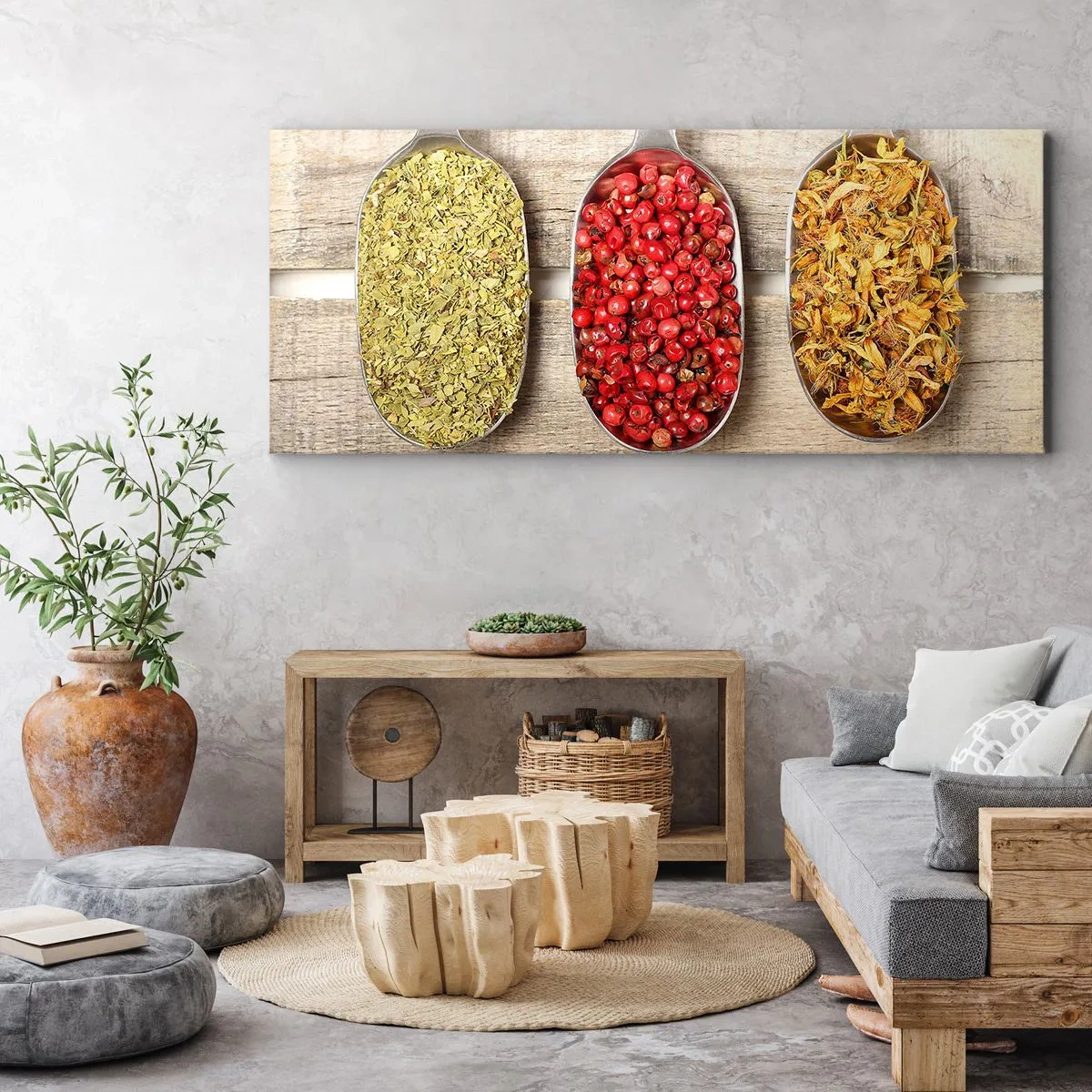 Impression sur toile - Image sur toile - Trois cuillères en métal avec des épices sur un fond en bois - 120x50cm - Magie de la cuisine - Décoration murale moderne pour le salon et la chambre ARTTOR