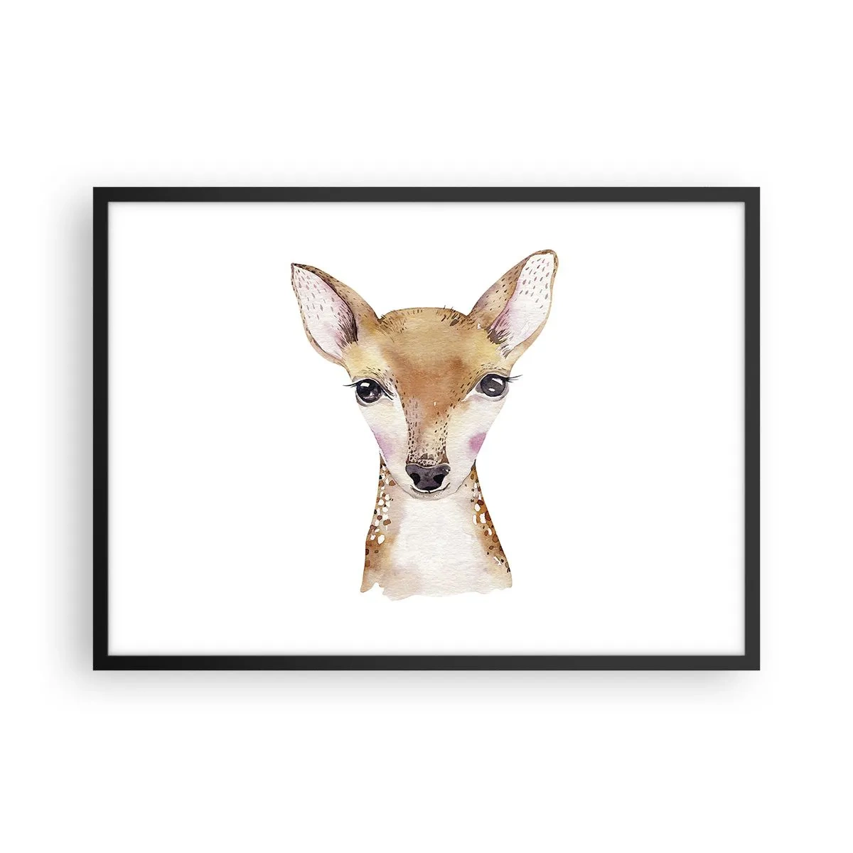 Affiche dans un cadre noir - Poster - Portrait à l'aquarelle d'un jeune chevreuil sur fond blanc - 70x50cm - L'innocence de la nature - Décoration murale moderne pour le salon et la chambre ARTTOR