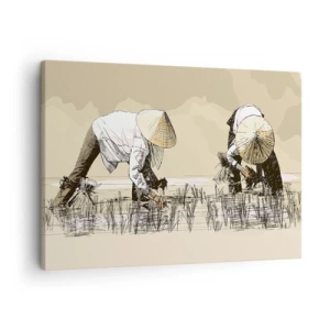 Impression sur toile - Image sur toile - Des agriculteurs travaillant dans une rizière portant des coiffures traditionnelles - 70x50cm - Récolte réussie - Décoration murale moderne pour le salon et la chambre ARTTOR