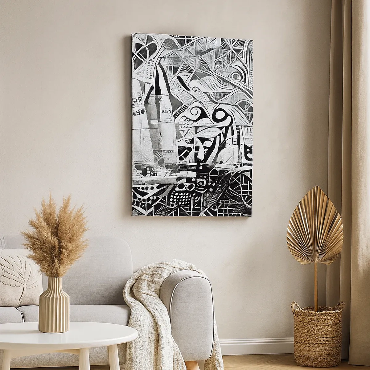 Impression sur toile - Image sur toile - Voiliers abstraits dans une composition monochrome - 50x70cm - Entre les vagues - Décoration murale moderne pour le salon et la chambre ARTTOR