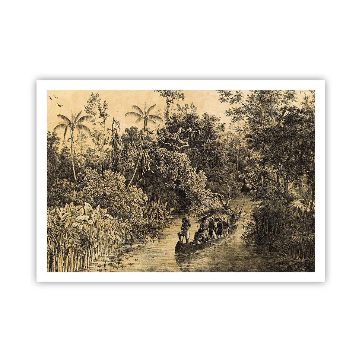 Affiche - Poster - Dessin d'une jungle avec un bateau sur une rivière - 100x70cm - Expédition à la source - Décoration murale moderne pour le salon et la chambre ARTTOR
